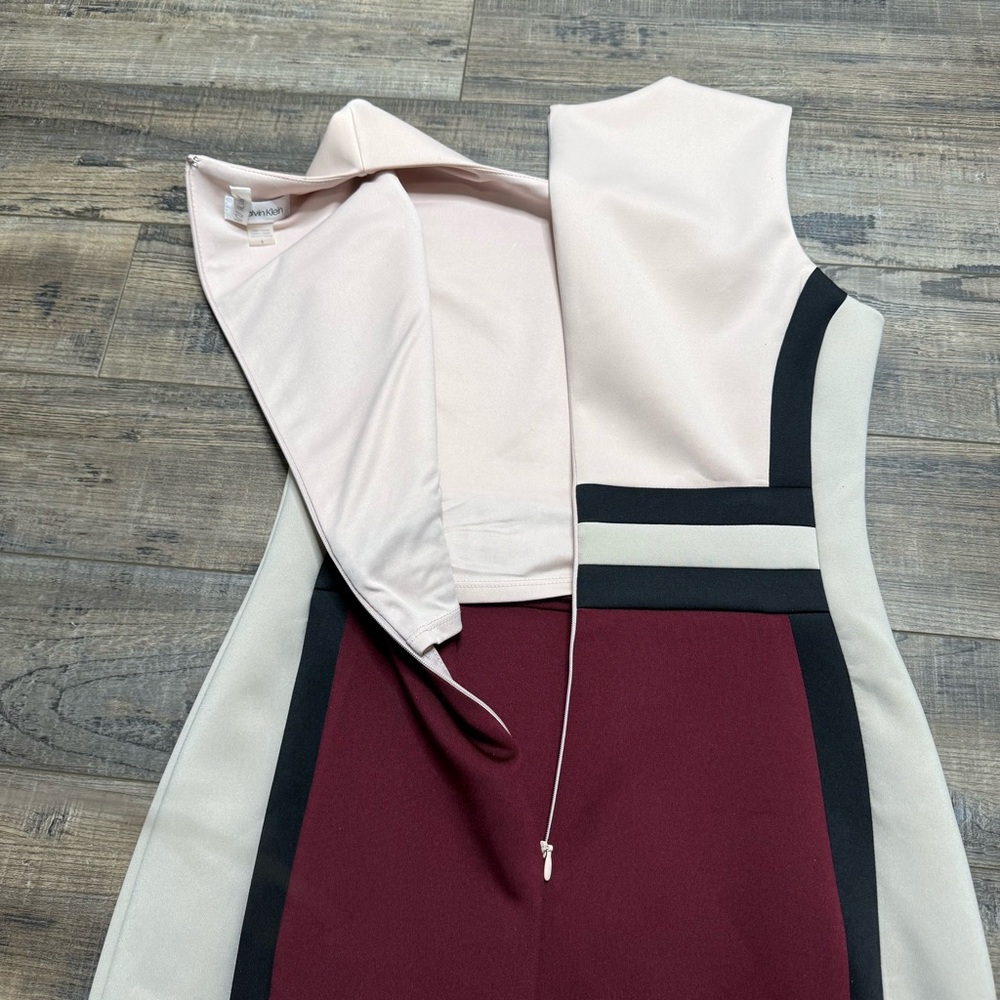 Calvin Klein Tri-Tone Midi Dress - Cream, Black, Burgundy Size 6 - Picture 11 of 12
